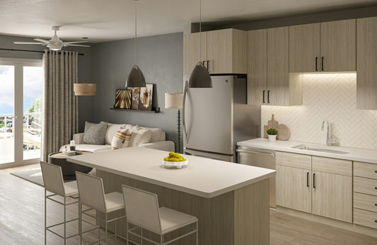 Modern Canadian condo kitchen featuring a stainless steel appliance package including a fridge, dishwasher, and built-in oven, set against light wood cabinetry and a white herringbone backsplash.