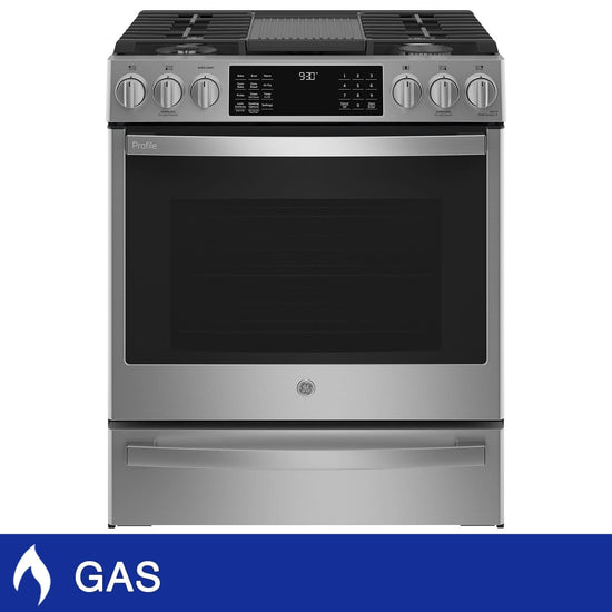 GE 30 Inch Slide-In Gas Range with True European Convection, Air Fry - PCGS930YPFS