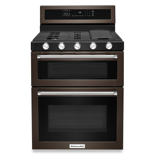 KitchenAid 30 Inch Gas Double Oven Convection Range, Black Stainless - KFGD500EBS