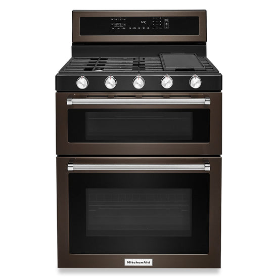 KitchenAid 30 Inch Gas Double Oven Convection Range, Black Stainless - KFGD500EBS