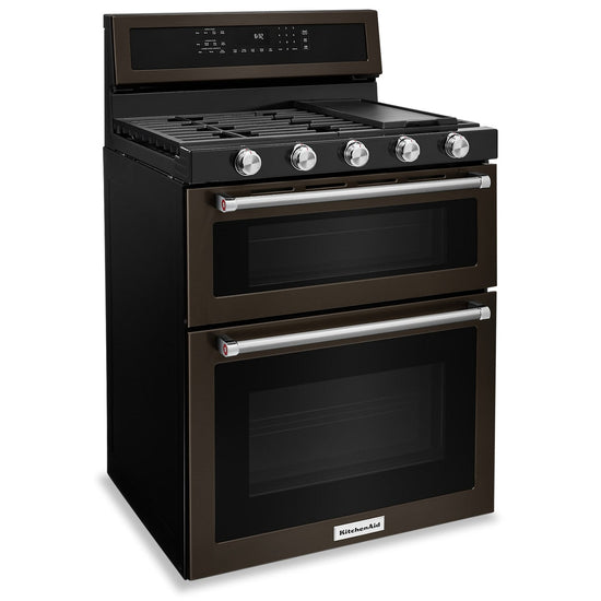 KitchenAid 30 Inch Gas Double Oven Convection Range, Black Stainless - KFGD500EBS
