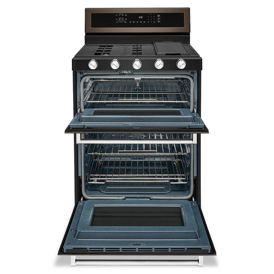 KitchenAid 30 Inch Gas Double Oven Convection Range, Black Stainless - KFGD500EBS