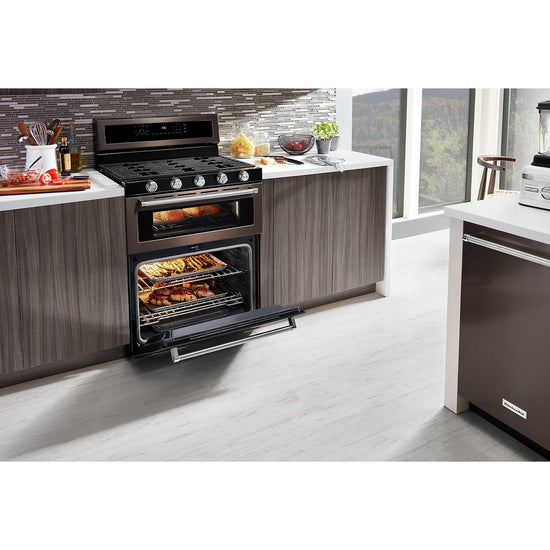 KitchenAid 30 Inch Gas Double Oven Convection Range, Black Stainless - KFGD500EBS