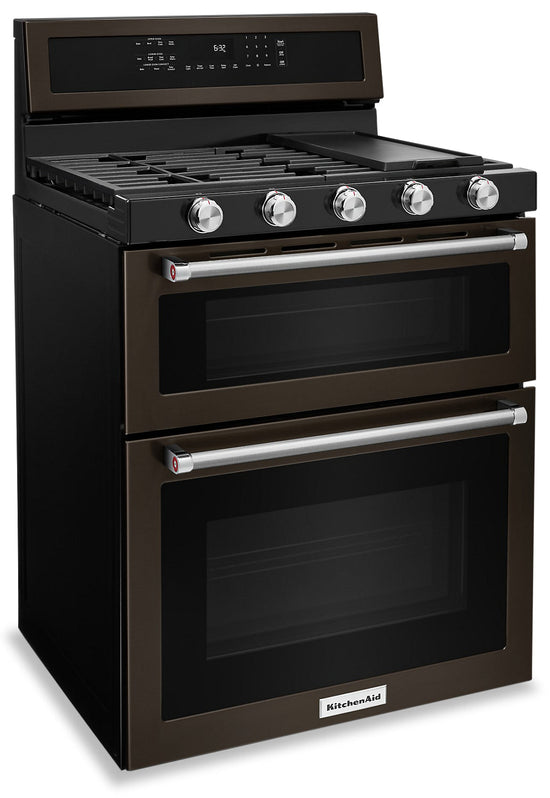 KitchenAid 30 Inch Gas Double Oven Convection Range, Black Stainless - KFGD500EBS