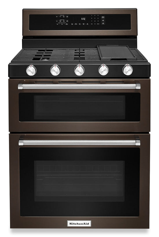 KitchenAid 30 Inch Gas Double Oven Convection Range, Black Stainless - KFGD500EBS