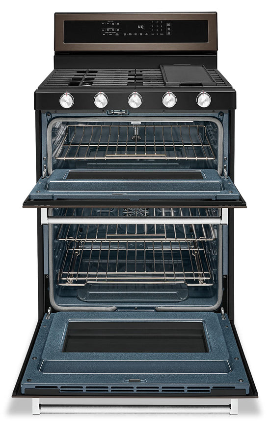 KitchenAid 30 Inch Gas Double Oven Convection Range, Black Stainless - KFGD500EBS