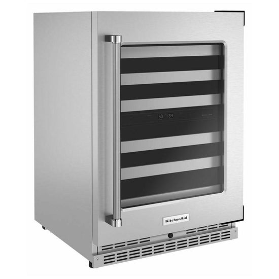 KitchenAid 24 Inch Dual Zone 46-Bottle Built-In Undercounter Wine Cooler, Stainless Steel - KUWR314KSS