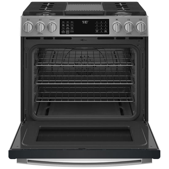 GE 30 Inch Slide-In Gas Range with True European Convection, Air Fry - PCGS930YPFS