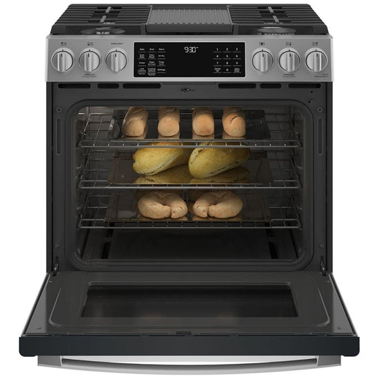 GE 30 Inch Slide-In Gas Range with True European Convection, Air Fry - PCGS930YPFS
