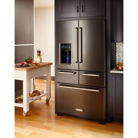 KitchenAid 36 Inch 5-Door French Door Refrigerator, 25.8 Cu. Ft., Black Stainless - KRMF706EBS