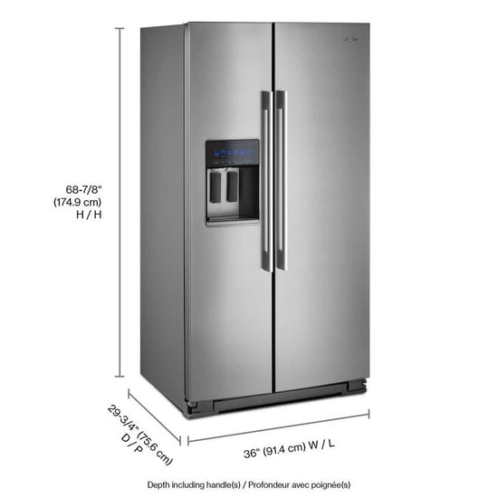 Whirlpool 36 Inch Counter Depth Side-by-Side Refrigerator, 20.59 Cu. Ft., Fingerprint Resistant Stainless Steel - WRSA71CIHZ