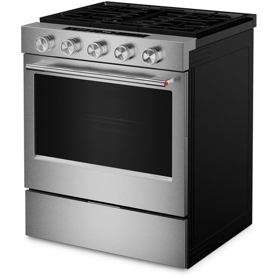 KitchenAid 30 Inch Slide-In Smart Gas Range with 5 Sealed Burners, PrintShield Stainless Steel - KSGS530SPS