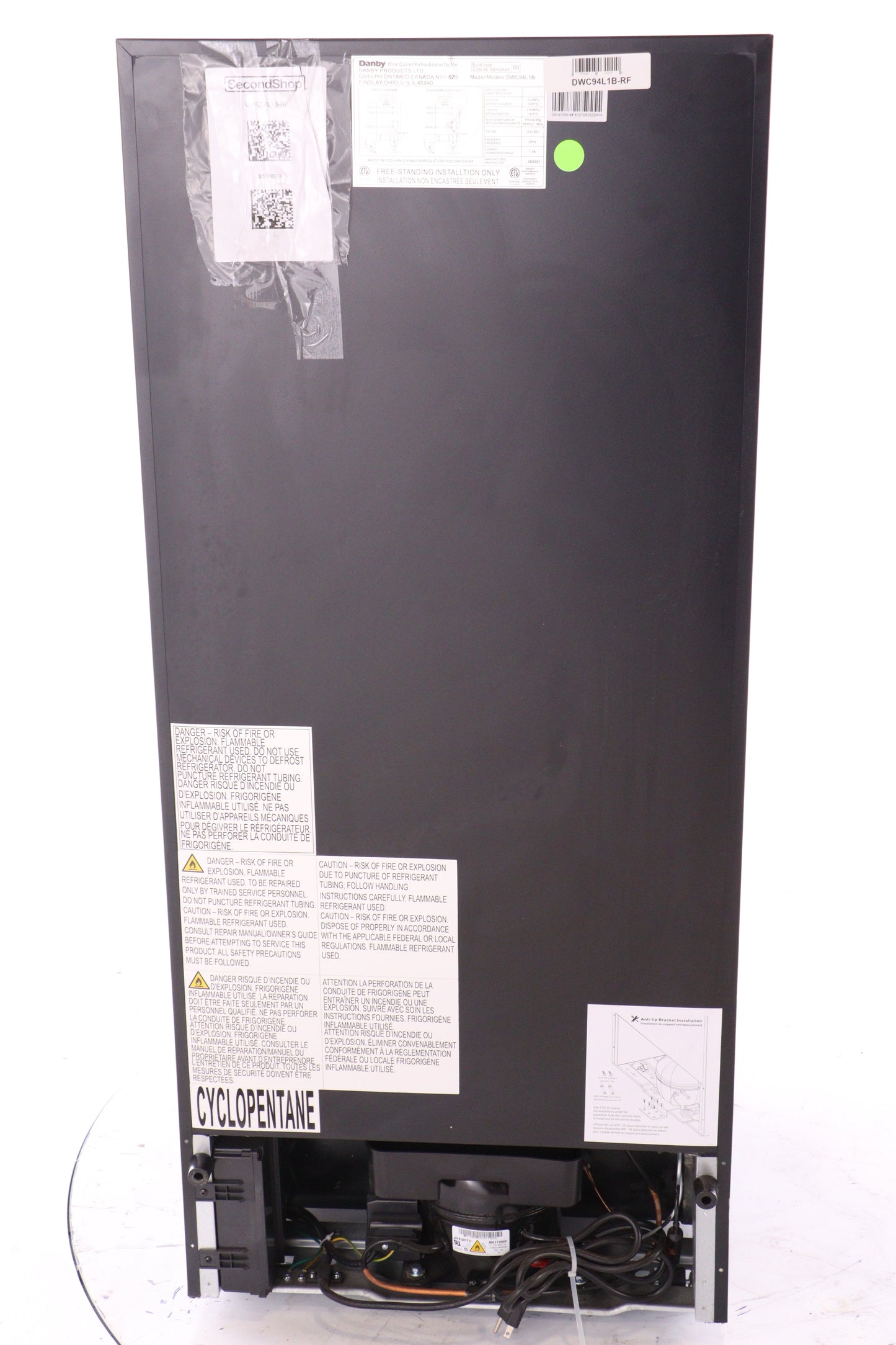 DANBY 94 BOTTLE FREE-STANDING WINE COOLER IN BLACK - DWC94L1B - REFURBISHED (SEE FEATURES)