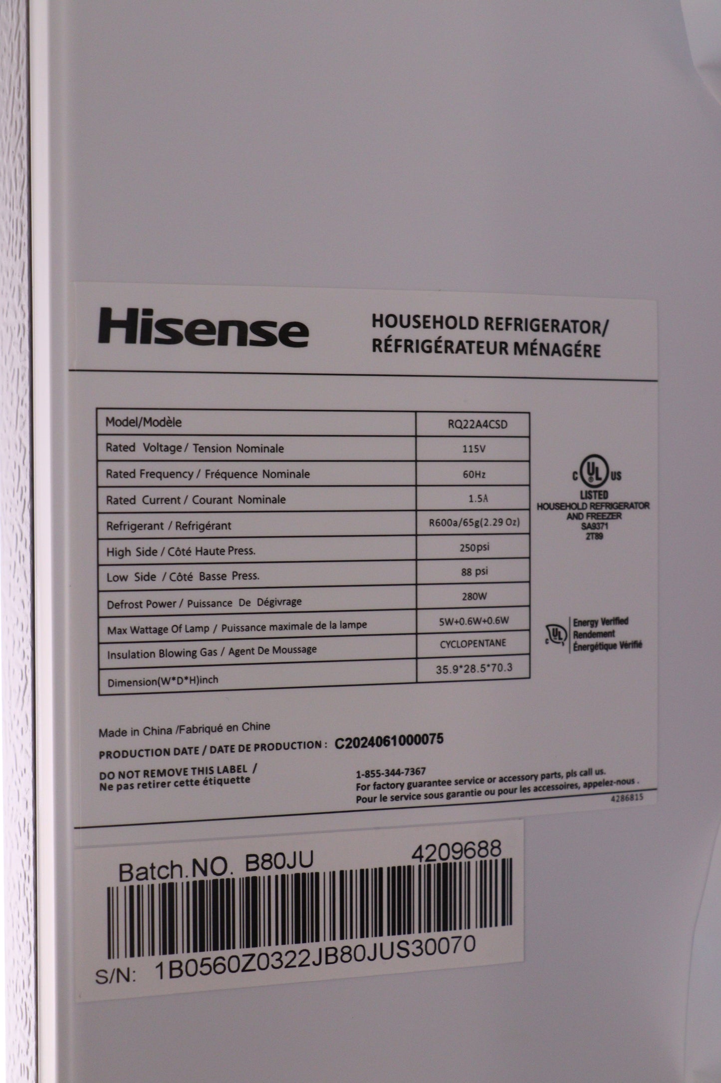 Hisense 36in 21.5 cu ft. 4-Door Refrigerator - RQ22A4CSD