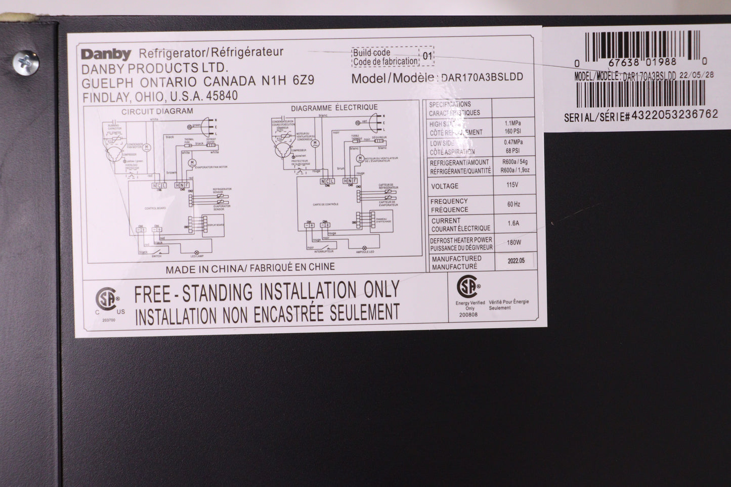 Danby Appliances 30 Inch Freestanding Full/All Refrigerator - DAR170A3BSLDD - REFURBISHED (See Features)