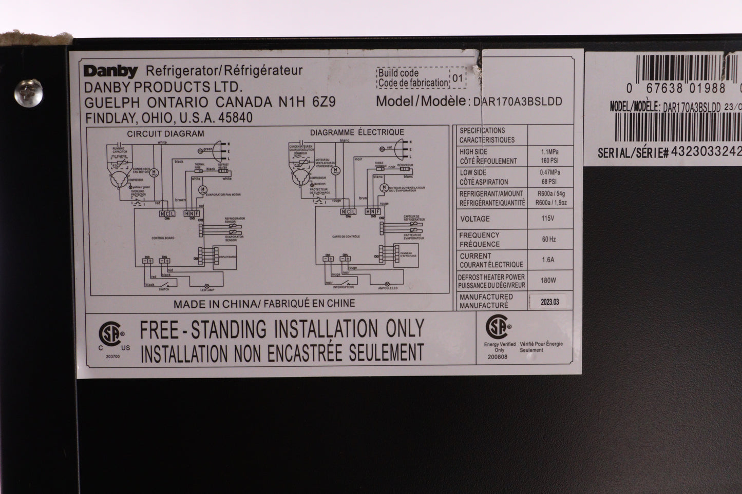 Danby Appliances 30 Inch Freestanding Full/All Refrigerator - DAR170A3BSLDD - REFURBISHED (See Features)