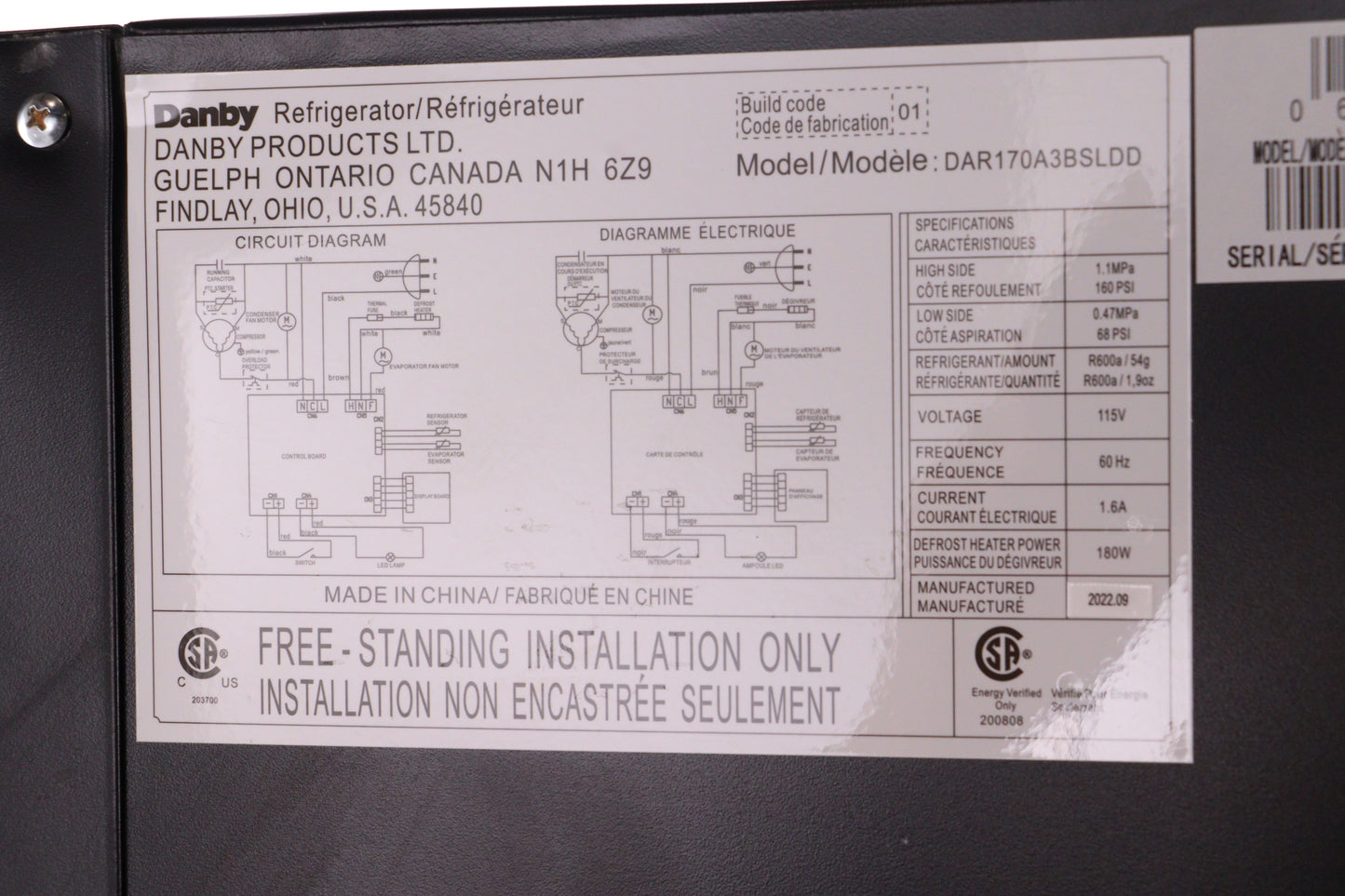 Danby Appliances 30 Inch Freestanding Full/All Refrigerator - DAR170A3BSLDD - REFURBISHED (See Features)