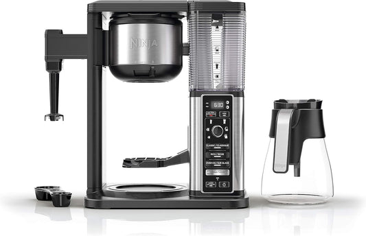 NINJA SPECIALTY COFFEE MAKER WITH FOLD-AWAY FROTHER AND GLASS CARAFE, BLACK/SILVER - CM400C