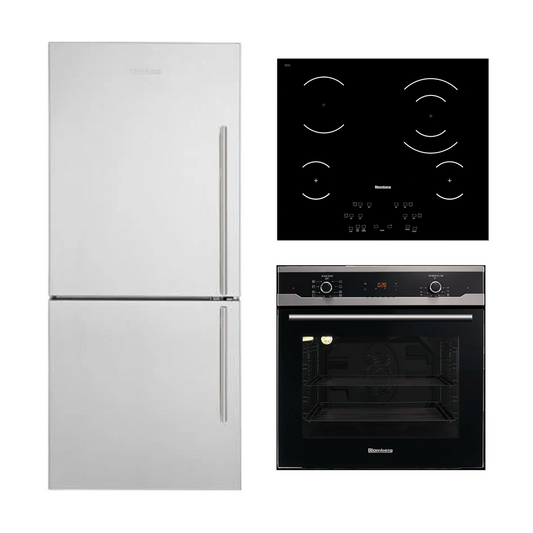Blomberg Cooktop Wall Oven Fridge (CTE24410, BWOS24110B & BRFB1812SSLN) + $50 off at cart!