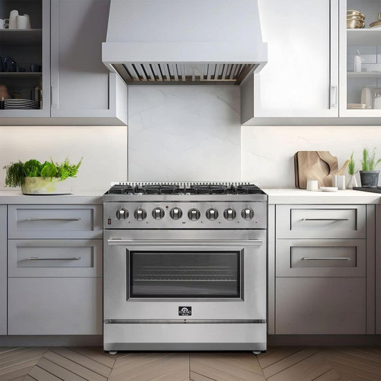 Forno Galiano 36 Inch Dual Fuel Range, Stainless Steel, 6 Burners, 5.36 cu. ft. - FFSGS6156-36