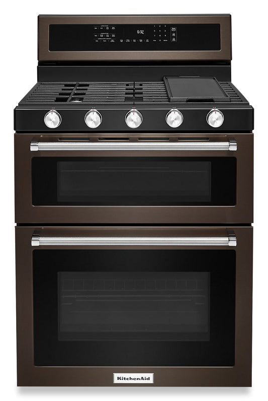 KitchenAid 30 Inch Gas Double Oven Convection Range, Black Stainless - KFGD500EBS