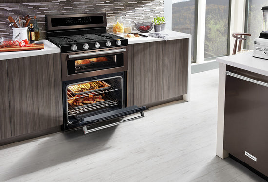 KitchenAid 30 Inch Gas Double Oven Convection Range, Black Stainless - KFGD500EBS