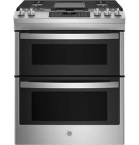 GE 30 Inch Slide-In Front Control Gas Double Oven Range, Stainless Steel - JCGSS86SPSS