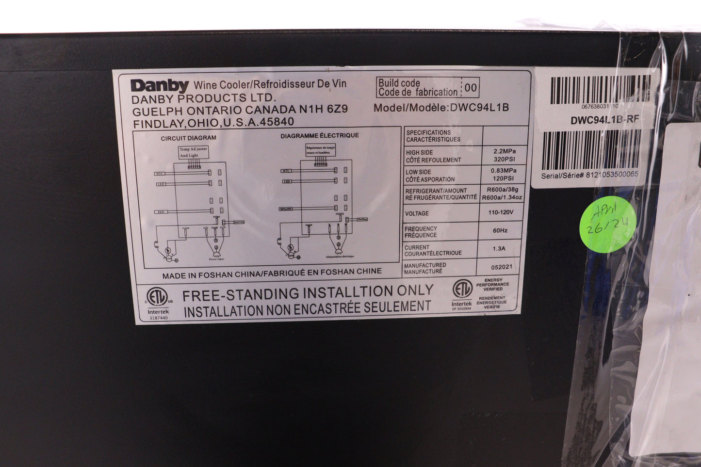 DANBY 94 BOTTLE FREE-STANDING WINE COOLER IN BLACK - DWC94L1B - REFURBISHED (SEE FEATURES)