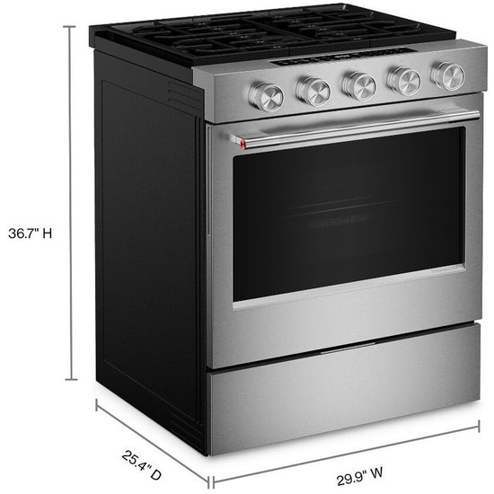 KitchenAid 30 Inch Slide-In Smart Gas Range with 5 Sealed Burners, PrintShield Stainless Steel - KSGS530SPS
