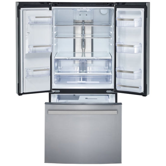 GE 33 Inch Counter-Depth French Door Refrigerator with 17.5 cu. ft. Capacity, Stainless Steel - PYE18HYRCFS