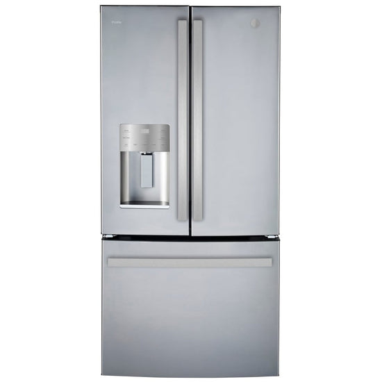GE 33 Inch Counter-Depth French Door Refrigerator with 17.5 cu. ft. Capacity, Stainless Steel - PYE18HYRCFS