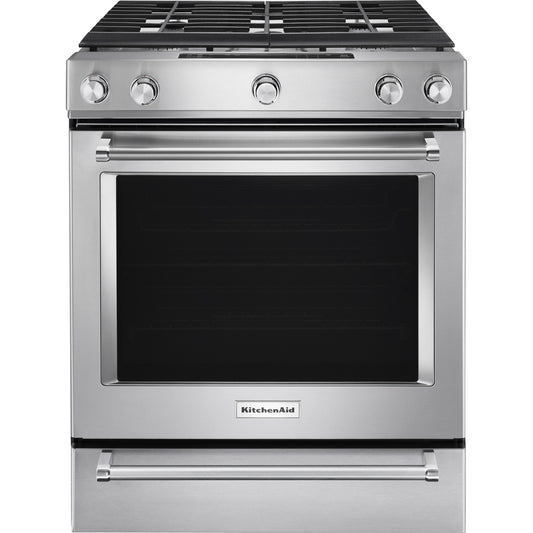 KitchenAid 30 Inch Slide-In Gas Range with 6.5 cu. ft. Oven Capacity, Stainless Steel - KSGB900ESS
