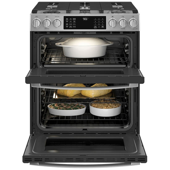 GE 30 Inch Slide-In Double Oven Gas Range with 6.7 Cu. Ft. Capacity, Fingerprint Resistant Stainless Steel - PCGS960YPFS