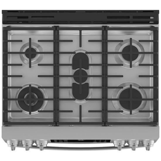 GE 30 Inch Slide-In Double Oven Gas Range with 6.7 Cu. Ft. Capacity, Fingerprint Resistant Stainless Steel - PCGS960YPFS