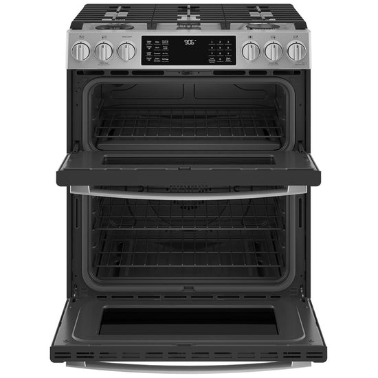GE 30 Inch Slide-In Double Oven Gas Range with 6.7 Cu. Ft. Capacity, Fingerprint Resistant Stainless Steel - PCGS960YPFS