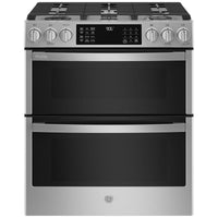 GE 30 Inch Slide-In Double Oven Gas Range with 6.7 Cu. Ft. Capacity, Fingerprint Resistant Stainless Steel - PCGS960YPFS