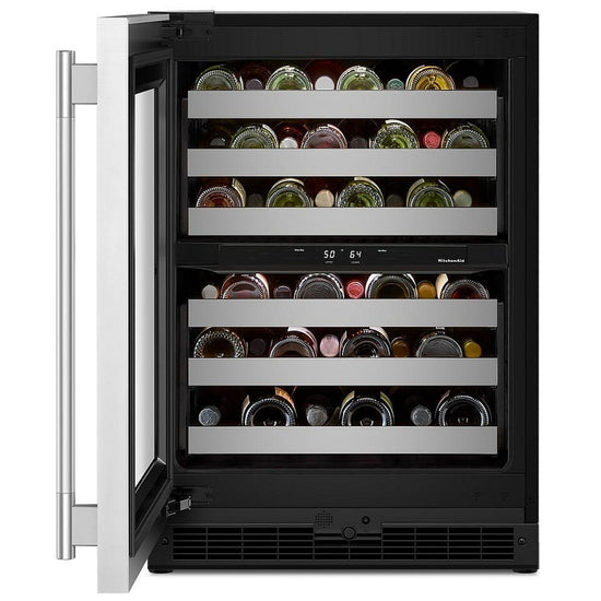 KitchenAid 24 Inch Undercounter Wine Cellar with 46-Bottle Dual-Zone Capacity - KUWL324SSB