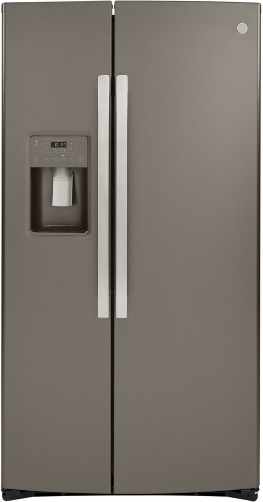 GE 36 INCH COUNTER DEPTH FREESTANDING SIDE BY SIDE REFRIGERATOR, 21.8 CU. FT. CAPACITY, SLATE - GZS22IMNES