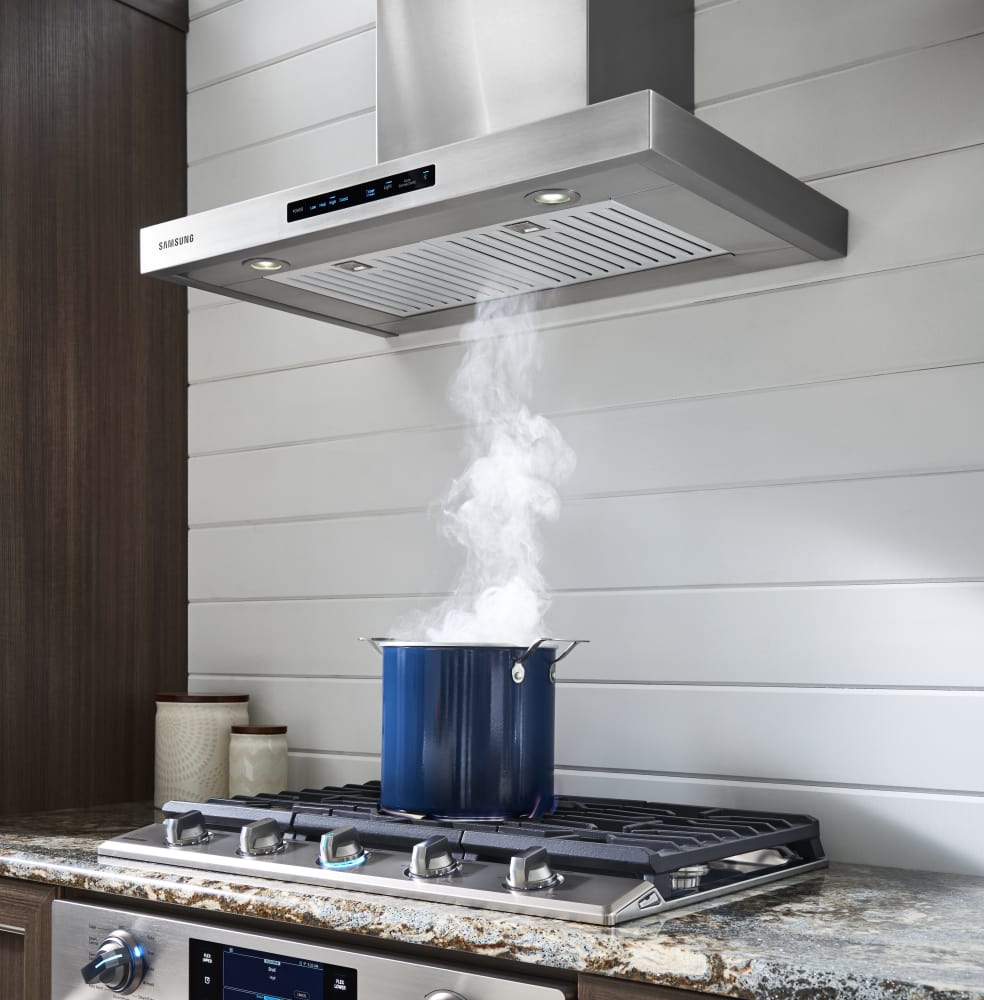 SAMSUNG 36 INCH SMART WALL MOUNT CHIMNEY RANGE HOOD WITH WI-FI AND BLUETOOTH CONNECTIVITY - NK36K7000WS