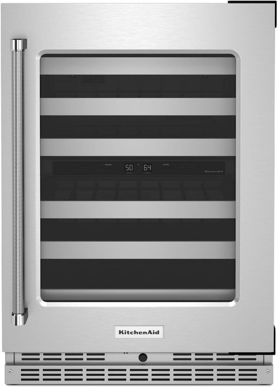 KitchenAid 24 Inch Dual Zone 46-Bottle Built-In Undercounter Wine Cooler, Stainless Steel - KUWR314KSS