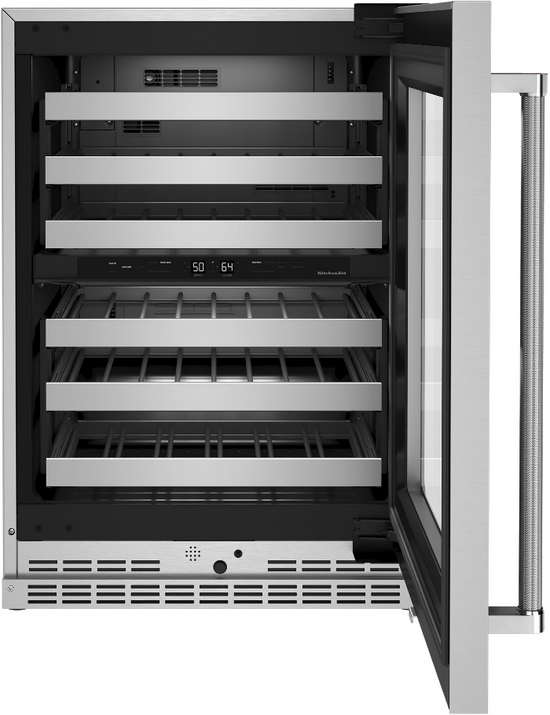 KitchenAid 24 Inch Dual Zone 46-Bottle Built-In Undercounter Wine Cooler, Stainless Steel - KUWR314KSS