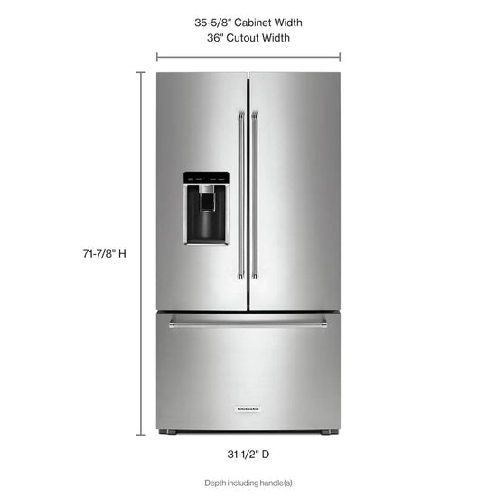 KitchenAid 36 Inch Counter-Depth French Door Refrigerator, 23.8 cu. ft., Stainless Steel - KRFC704FPS