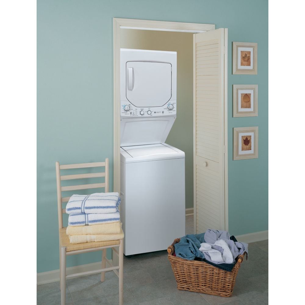 GE 24-Inch 2.6 Cu. Ft. Unitized Apartment Size Stacked Washer and 4.4 Cu. Ft. Dryer Laundry Centre in White - GUD24ESMMWW