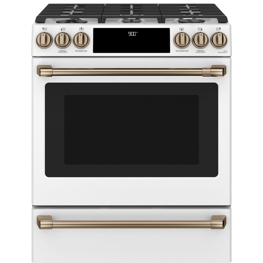 CAFÉ 30-INCH SLIDE-IN DUAL-FUEL CONVECTION RANGE WITH WARMING DRAWER IN MATTE WHITE - CC2S900P4MW2