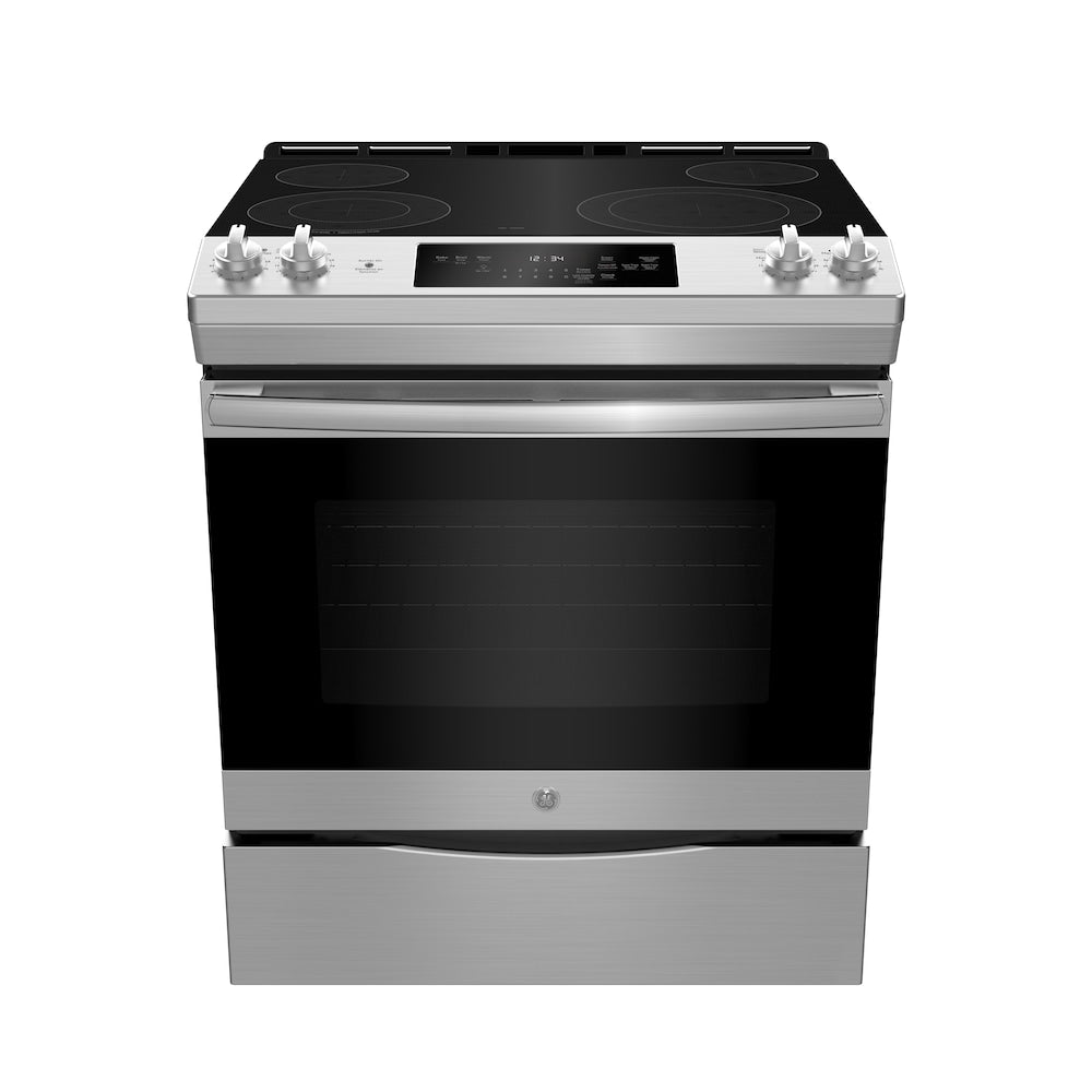 GE 30 Inch Electric Slide-In Front Control Range with Storage Drawer in Stainless Steel - JCSS630SMSS