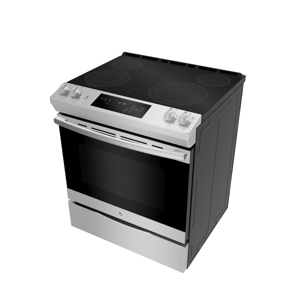 GE 30 Inch Electric Slide-In Front Control Range with Storage Drawer in Stainless Steel - JCSS630SMSS