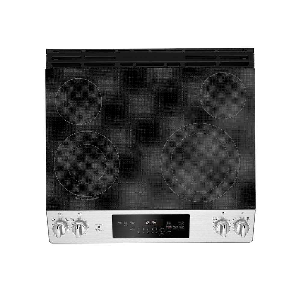 GE 30 Inch Electric Slide-In Front Control Range with Storage Drawer in Stainless Steel - JCSS630SMSS